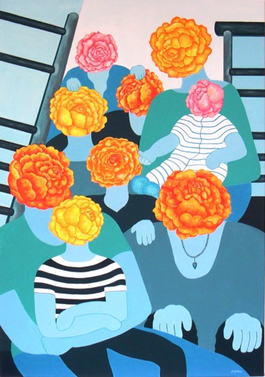 Pintura titulada "Roses assises sur l…" por Jocelyne Deschamps-Kus, Obra de arte original, Acrílico Montado en Bastidor de c…