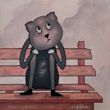 Painting titled "Chat pensif !" by Jocelyne Deschamps-Kus, Original Artwork, Acrylic Mounted on Wood Stretcher frame