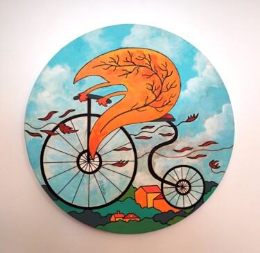 Painting titled "Feuille à bicyclett…" by Jocelyne Deschamps-Kus, Original Artwork, Acrylic Mounted on Wood Stretcher frame