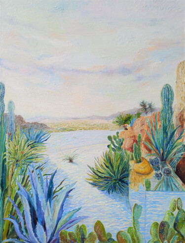 Schilderij getiteld "Cacti Oasis" door Jie Song, Origineel Kunstwerk, Olie