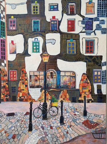 Schilderij getiteld "Cobblestone Street" door Jie Song, Origineel Kunstwerk, Olie