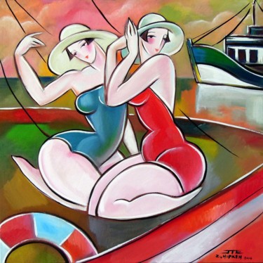 Peinture intitulée "deux-demoiselles-a-…" par Jie Zh, Œuvre d'art originale, Huile