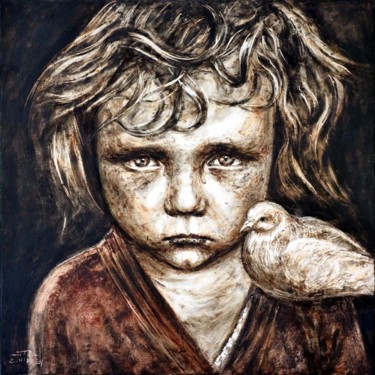 Painting titled "L'enfant à la colom…" by Jie Zh, Original Artwork