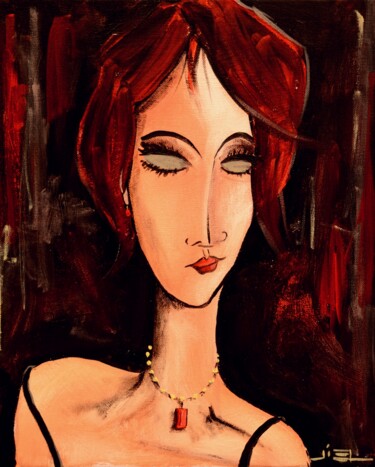 Peinture intitulée "JEUNE FEMME AUX CHE…" par Jiel, Œuvre d'art originale, Acrylique