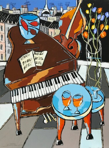 Pintura intitulada "Vieux piano & violo…" por Jiel, Obras de arte originais, Acrílico