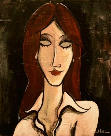 Painting titled "JEUNE FEMME AUX CHE…" by Jiel, Original Artwork, Acrylic