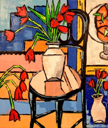 Painting titled "VASE WITH RED TULIPS" by Jiel, Original Artwork, Oil