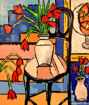 Peinture intitulée "VASE WITH RED TULIPS" par Jiel, Œuvre d'art originale, Huile