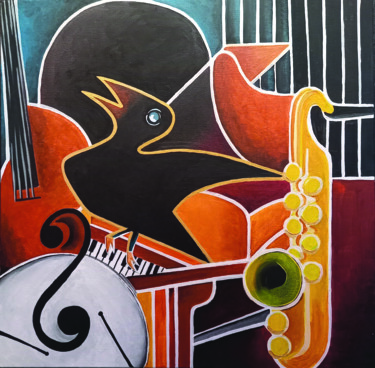 Painting titled "BLACK BIRD 1" by Jiem, Original Artwork, Acrylic Mounted on Wood Stretcher frame