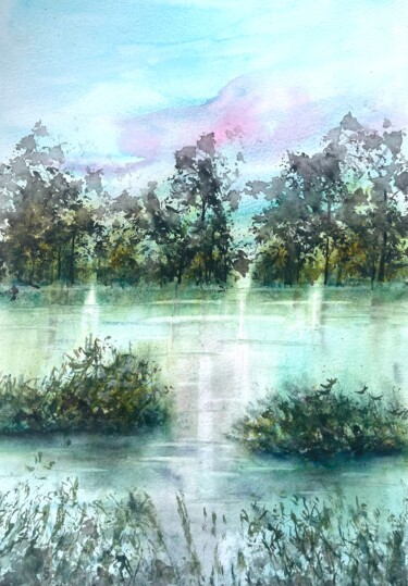Painting titled "Light on the Pond" by Jill Correale Jill Simpson, Original Artwork, Watercolor