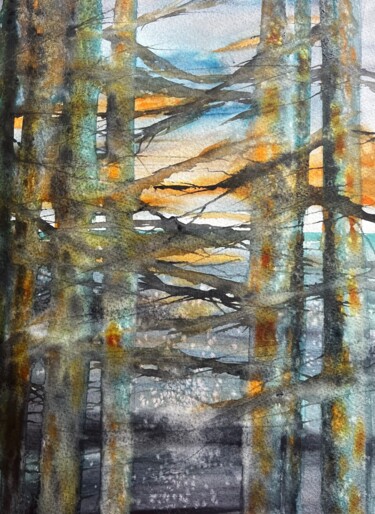 Pintura intitulada "Sunset Trees" por Jill Correale Jill Simpson, Obras de arte originais, Aquarela