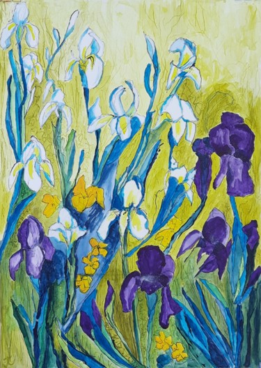 Pittura intitolato "Irises" da Jill Carrott, Opera d'arte originale, Acrilico