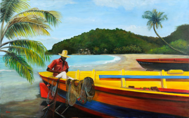 Peinture intitulée "Pêcheur Antillais" par Jill Bordes, Œuvre d'art originale, Huile