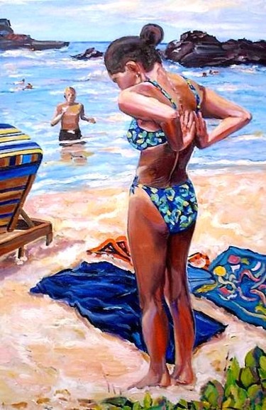 Schilderij getiteld "Rockpoint Beach" door Jill Nassau, Origineel Kunstwerk, Olie