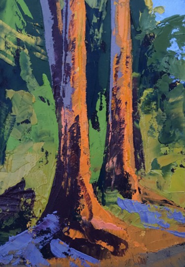 Schilderij getiteld "fir-trees evening l…" door Jim Morgan, Origineel Kunstwerk, Olie
