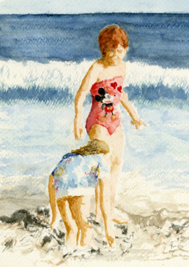 Ζωγραφική με τίτλο "beach-4" από Jim Fischer, Αυθεντικά έργα τέχνης, Ακουαρέλα