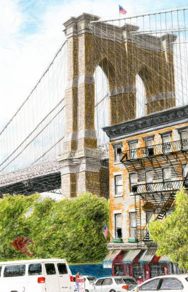 Картина под названием "Brooklyn Bridge Eas…" - Jim Fischer, Подлинное произведение искусства, Цветные карандаши