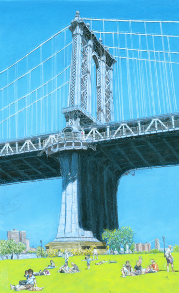 Ζωγραφική με τίτλο "Manhattan Bridge, B…" από Jim Fischer, Αυθεντικά έργα τέχνης, Κοντέ