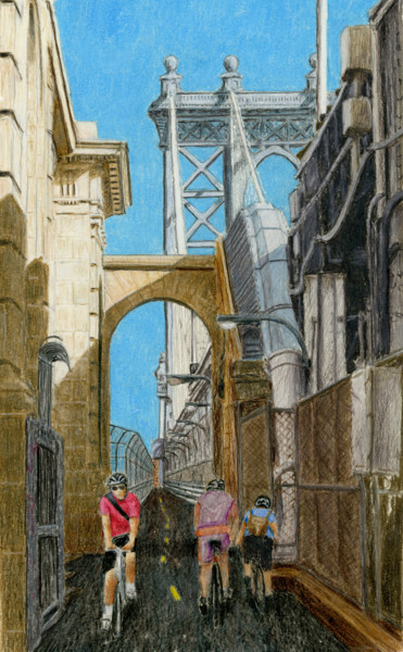 Schilderij getiteld "Manhattan Bridge Bi…" door Jim Fischer, Origineel Kunstwerk, Conté