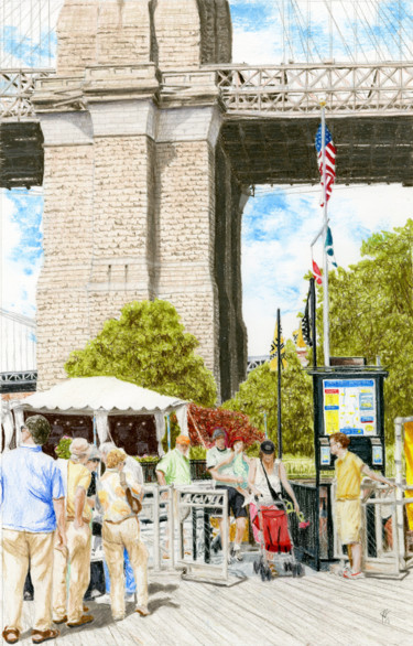 Ζωγραφική με τίτλο "Brooklyn Bridge Fer…" από Jim Fischer, Αυθεντικά έργα τέχνης, Κοντέ