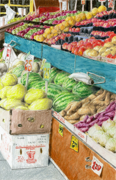 Ζωγραφική με τίτλο "Court Street Fruit…" από Jim Fischer, Αυθεντικά έργα τέχνης, Κοντέ