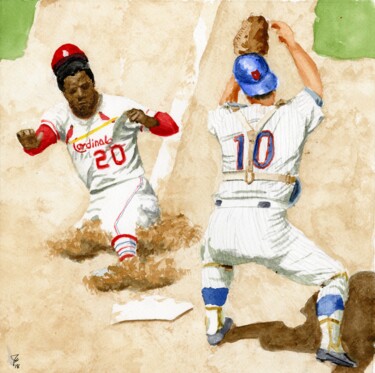 Schilderij getiteld "Lou Brock Slides" door Jim Fischer, Origineel Kunstwerk, Aquarel