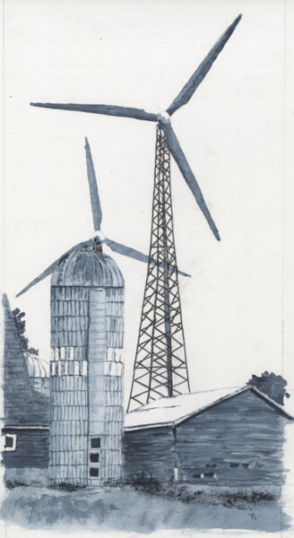 Ζωγραφική με τίτλο "Iowa Windmill 1" από Jim Fischer, Αυθεντικά έργα τέχνης, Ακουαρέλα