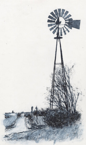 Malerei mit dem Titel "Iowa Windmill 2" von Jim Fischer, Original-Kunstwerk, Aquarell