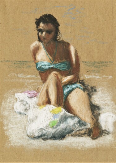 Malerei mit dem Titel "Jones Beach 24" von Jim Fischer, Original-Kunstwerk, Conté-Buntstifte