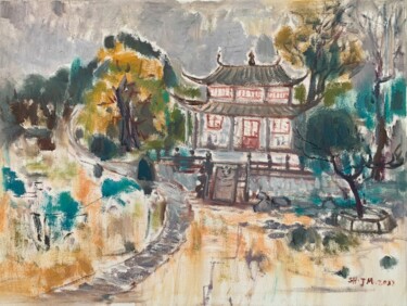 Painting titled "《乡村园林》" by Jin Ming Shang, Original Artwork, Tempera Mounted on Wood Stretcher frame