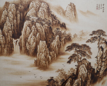 Painting titled "云映山泉" by Jinfang Lu, Original Artwork, Pigments