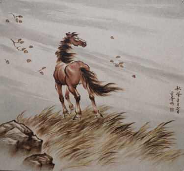 Pittura intitolato "秋风-骏马" da Jinfang Lu, Opera d'arte originale, pigmenti
