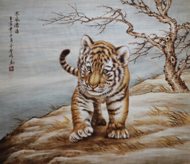 Картина под названием "寒风潇潇-小老虎" - Jinfang Lu, Подлинное произведение искусства, Пигменты