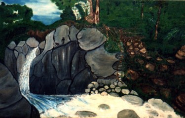 Malerei mit dem Titel "Bassin bleu" von Jipé Fronton, Original-Kunstwerk, Kohle