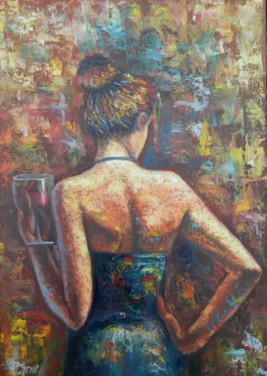 Malerei mit dem Titel "WOMAN WITH WINE" von Jiří Petr, Original-Kunstwerk, Öl