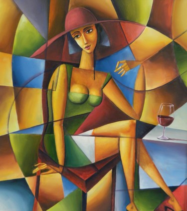Painting titled "LADY WITH WINE" by Jiří Petr, Original Artwork, Oil