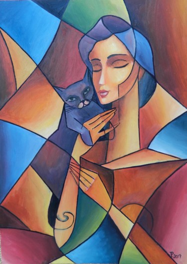 Painting titled "WOMAN WITH BLACK CAT" by Jiří Petr, Original Artwork, Oil