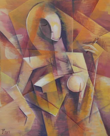Schilderij getiteld "WOMAN WITH CIGARETTE" door Jiří Petr, Origineel Kunstwerk, Olie