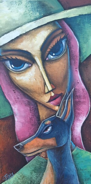 Картина под названием "Woman with doberman" - Jiří Petr, Подлинное произведение искусства, Масло