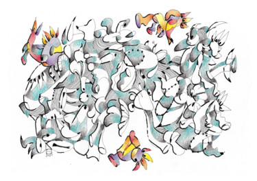 Drawing titled "Satelity" by Jiří Srna, Original Artwork, Marker