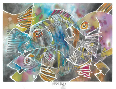 Desenho intitulada "Hejno ryb" por Jiří Srna, Obras de arte originais, Tinta