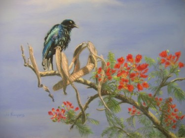 Peinture intitulée "Oiseau bleu et Flam…" par Josette Francois, Œuvre d'art originale