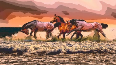 Digital Arts titled "Horses In The Surf" by Jack Cash Jr, Original Artwork, Digital Painting