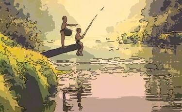 Digital Arts titled "Boys Fishing" by Jack Cash Jr, Original Artwork, Digital Painting