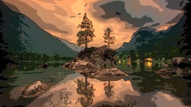 Digital Arts με τίτλο "Mountain Lake At Du…" από Jack Cash Jr, Αυθεντικά έργα τέχνης, Ψηφιακή ζωγραφική