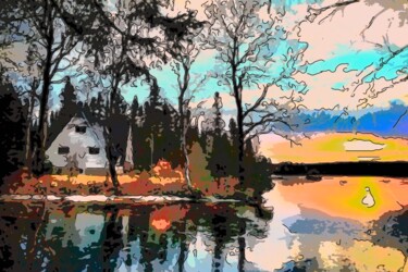Arts numériques intitulée "Cabin By The Lake" par Jack Cash Jr, Œuvre d'art originale, Peinture numérique