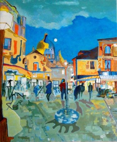 Peinture intitulée "Nuit à Montmartre" par Joel Lansel, Œuvre d'art originale, Acrylique