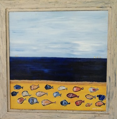 Painting titled "mer/poissons" by Cathy, Original Artwork, Acrylic Mounted on Wood Stretcher frame