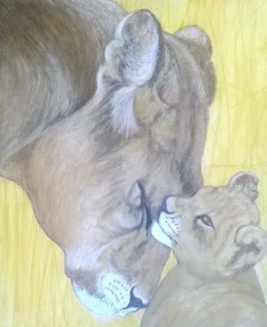 Painting titled "LIONNE ET SON PETIT" by Jean-Louis Delmas, Original Artwork, Oil