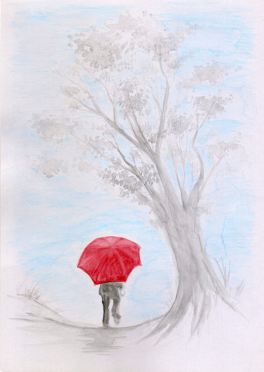 Pintura intitulada "guarda-chuva-vermel…" por J. Lima, Obras de arte originais, Aquarela